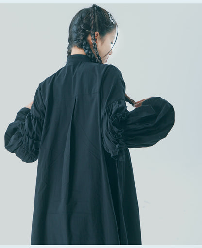 Black Ruffled Button Up Cotton Maxi Shirt Dress