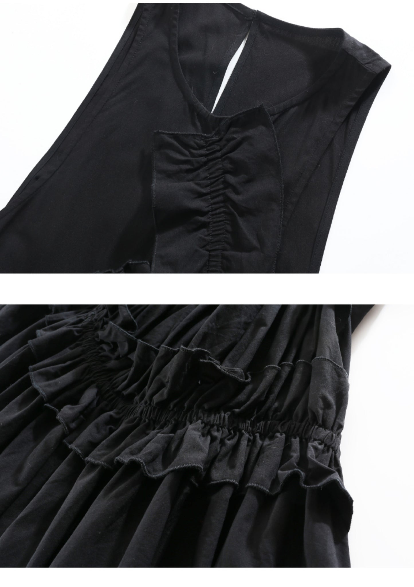 Black Ruffled Asymmetric Cotton Maxi Vest Dress