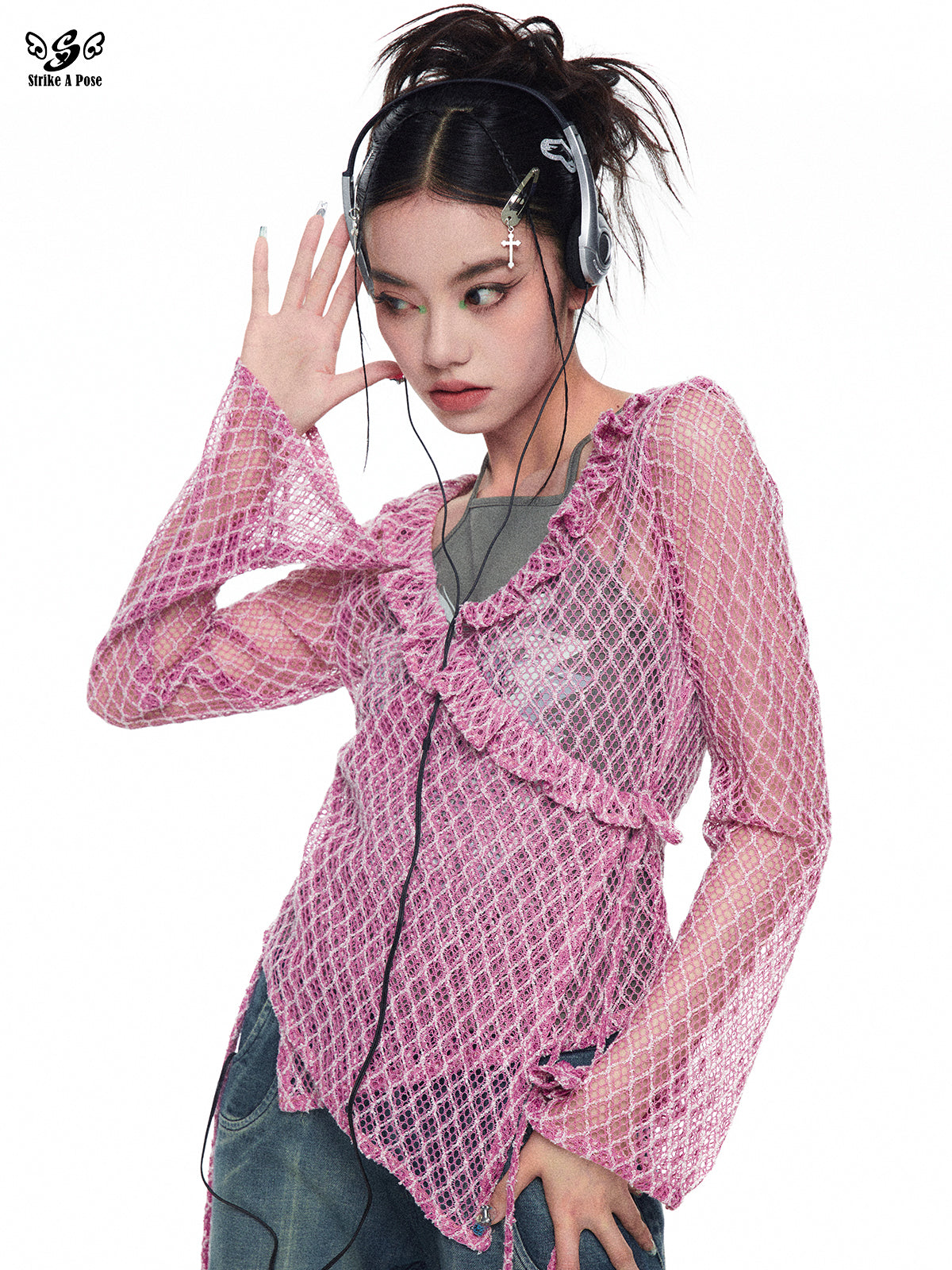 Asymmetric Ruffled Fishnet Wrap Mesh Top