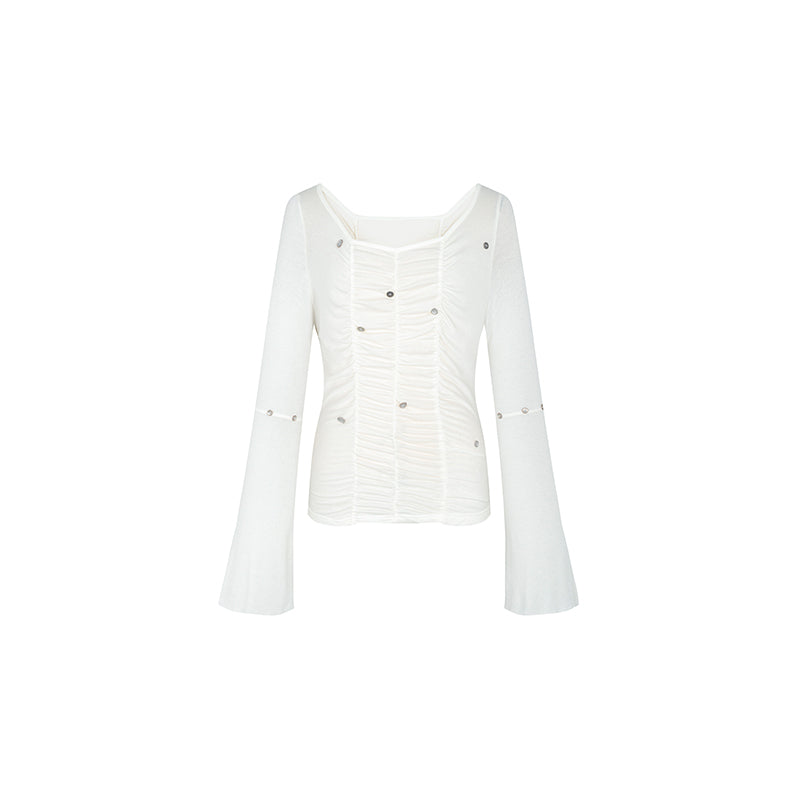 Fairy White Flare Ruched Wool Blend Blouse