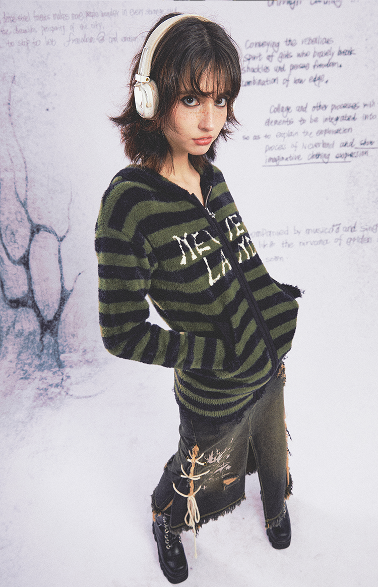 Neverland Striped Fur Zip-Up Hoodie