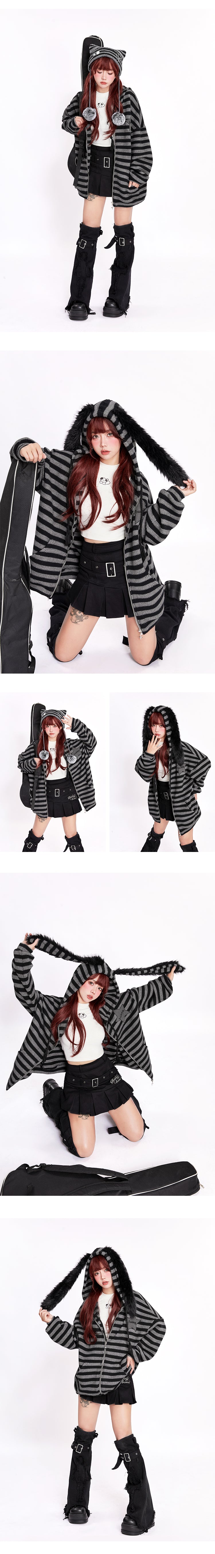 Striped Oversize Long Bunny Ear Hoodie