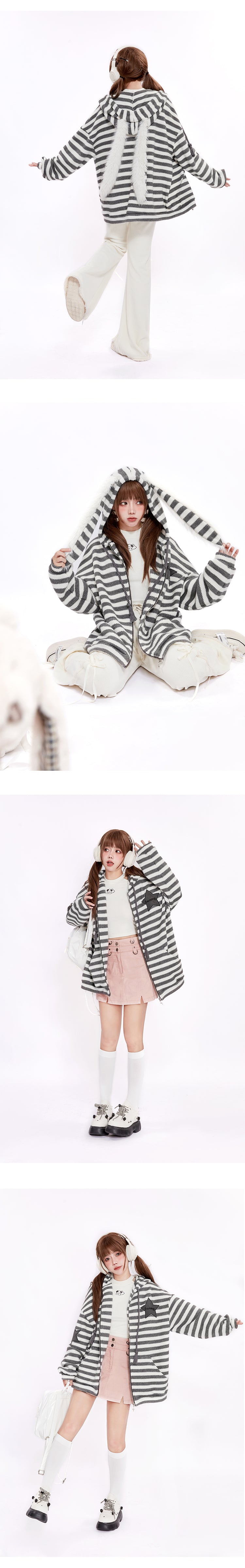 Striped Oversize Long Bunny Ear Hoodie