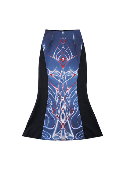 Abstract Pattern Fishtail Maxi Skirt