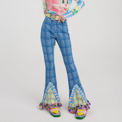 Kawaii Plaid Fishtail Ruffle Flared Jeans