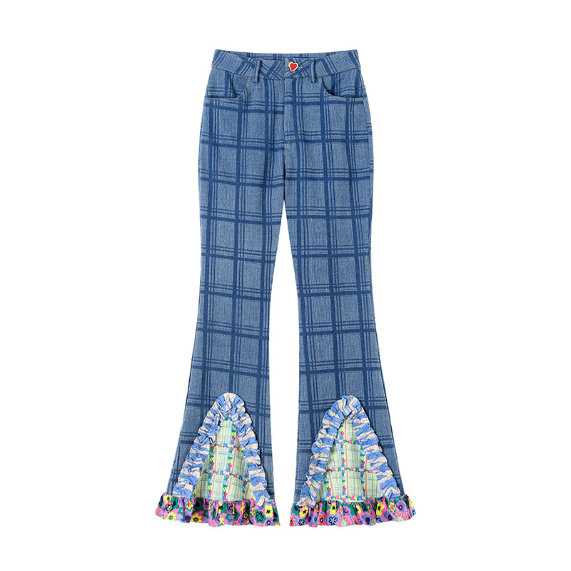 Kawaii Plaid Fishtail Ruffle Flared Jeans