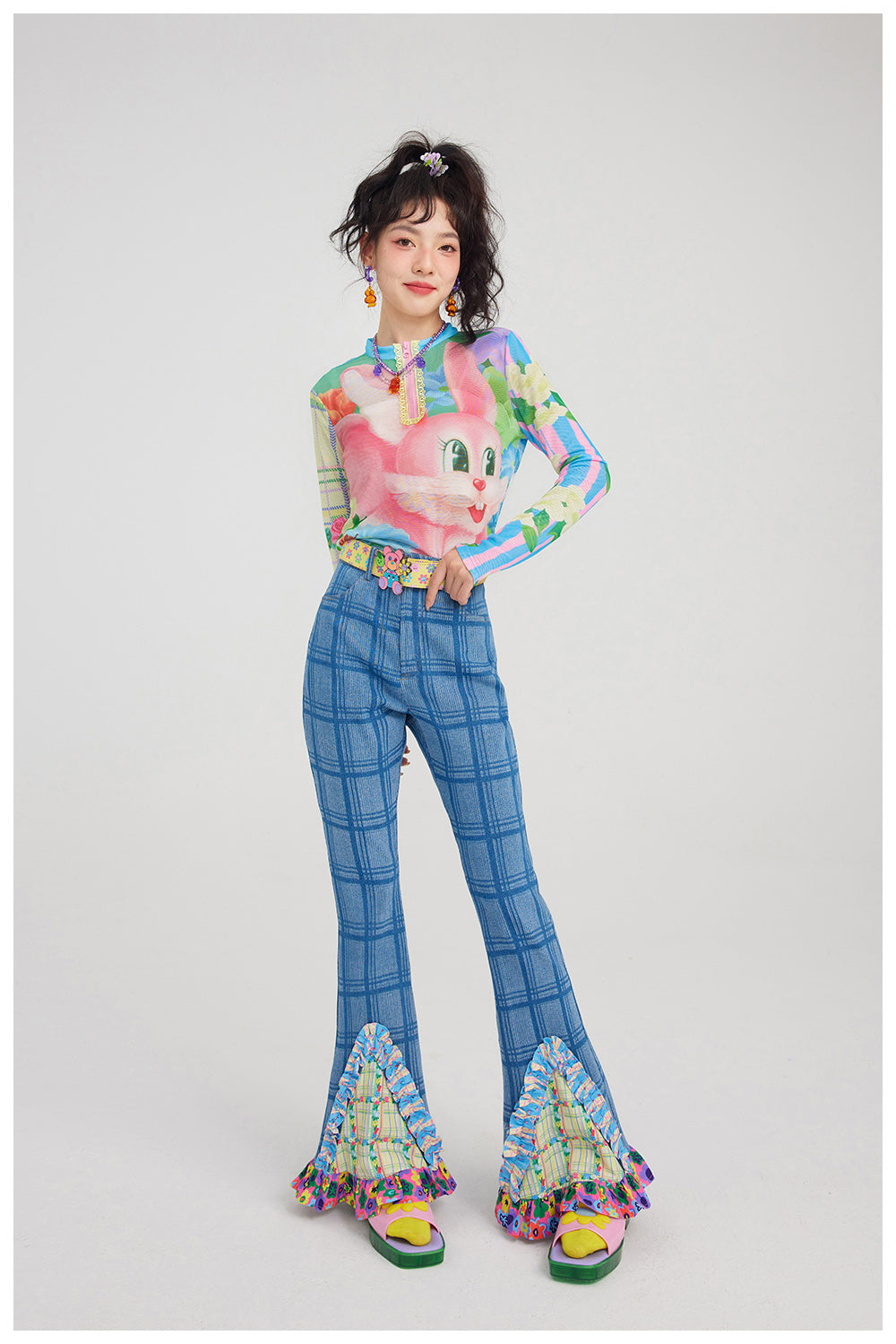 Kawaii Plaid Fishtail Ruffle Flared Jeans