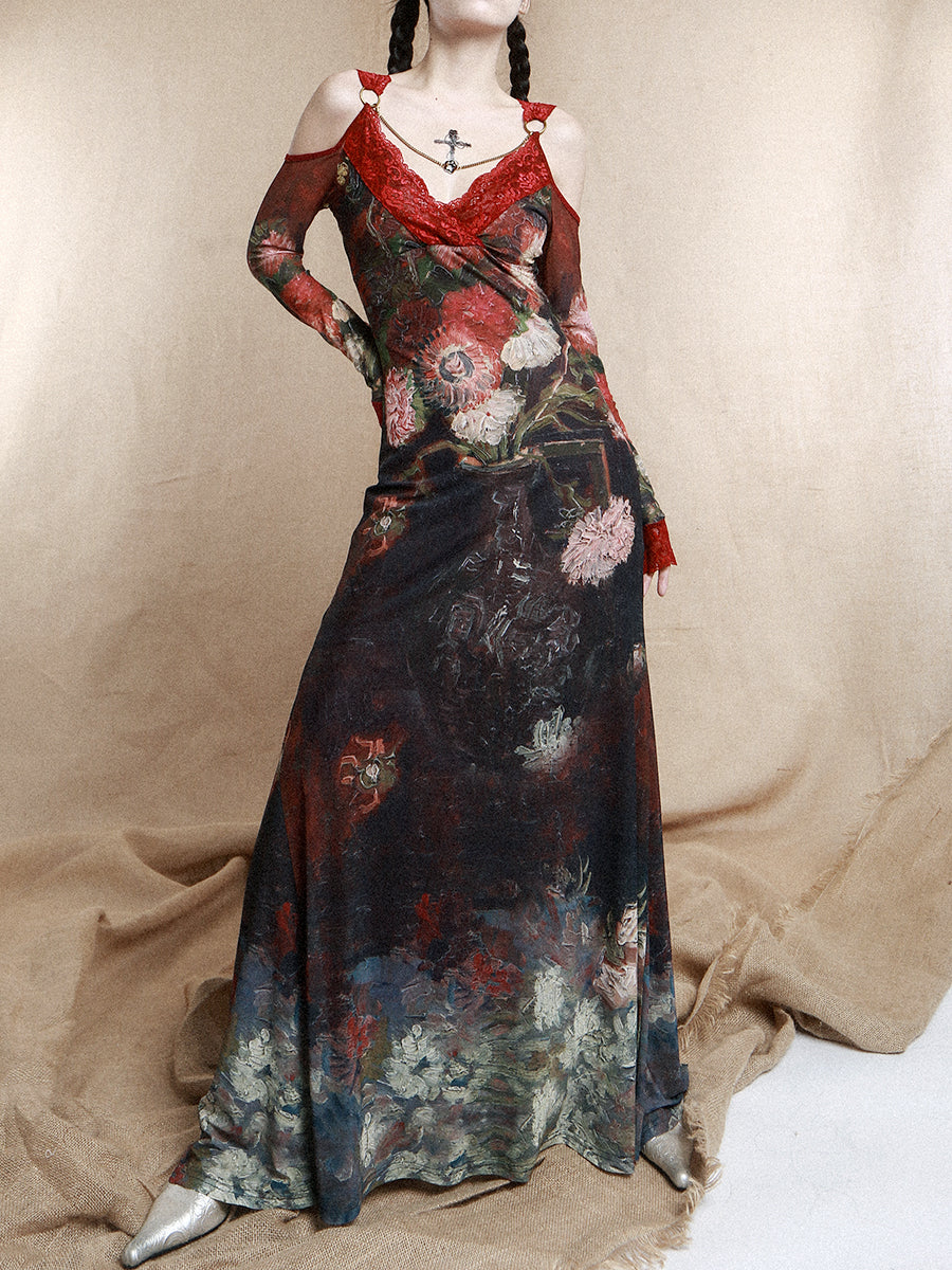 Victorian Floral Oil-Painting Red Lace Maxi Dress