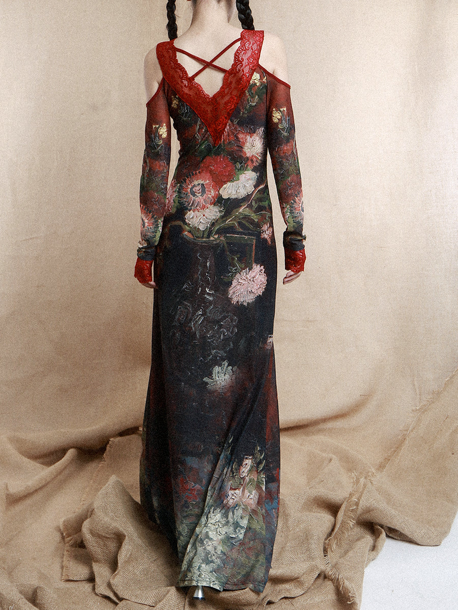 Victorian Floral Oil-Painting Red Lace Maxi Dress