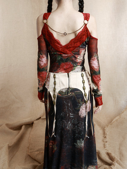 Victorian Floral Oil-Painting Red Lace Maxi Dress