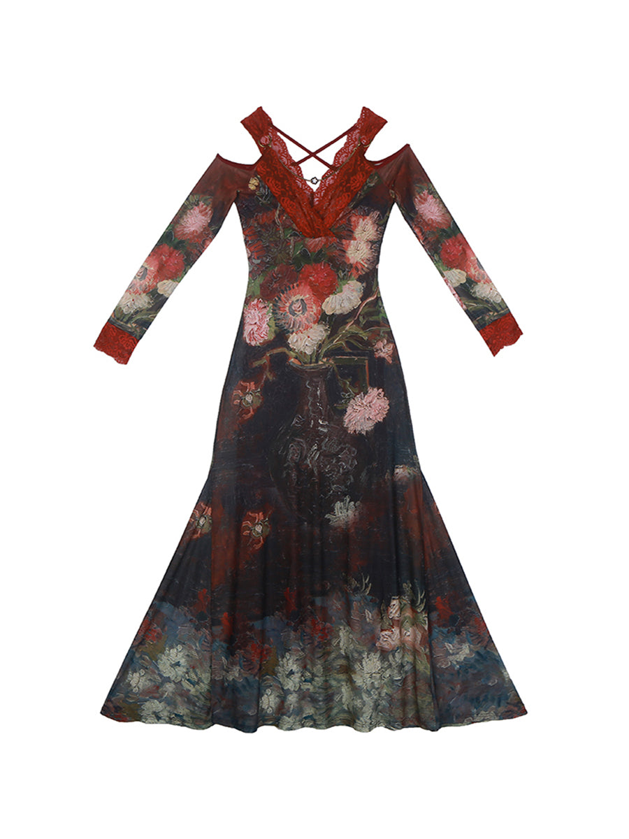 Victorian Floral Oil-Painting Red Lace Maxi Dress