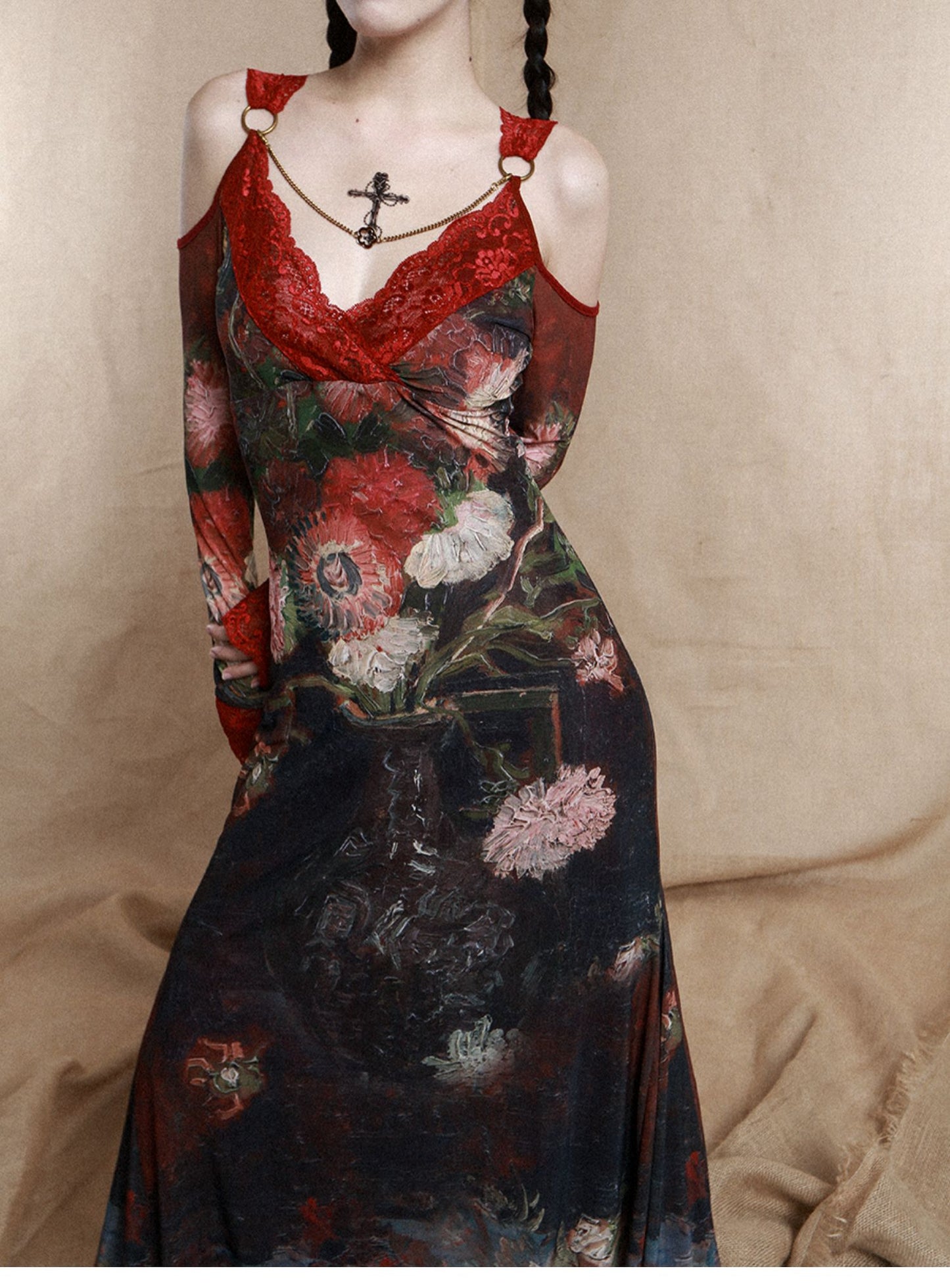 Victorian Floral Oil-Painting Red Lace Maxi Dress