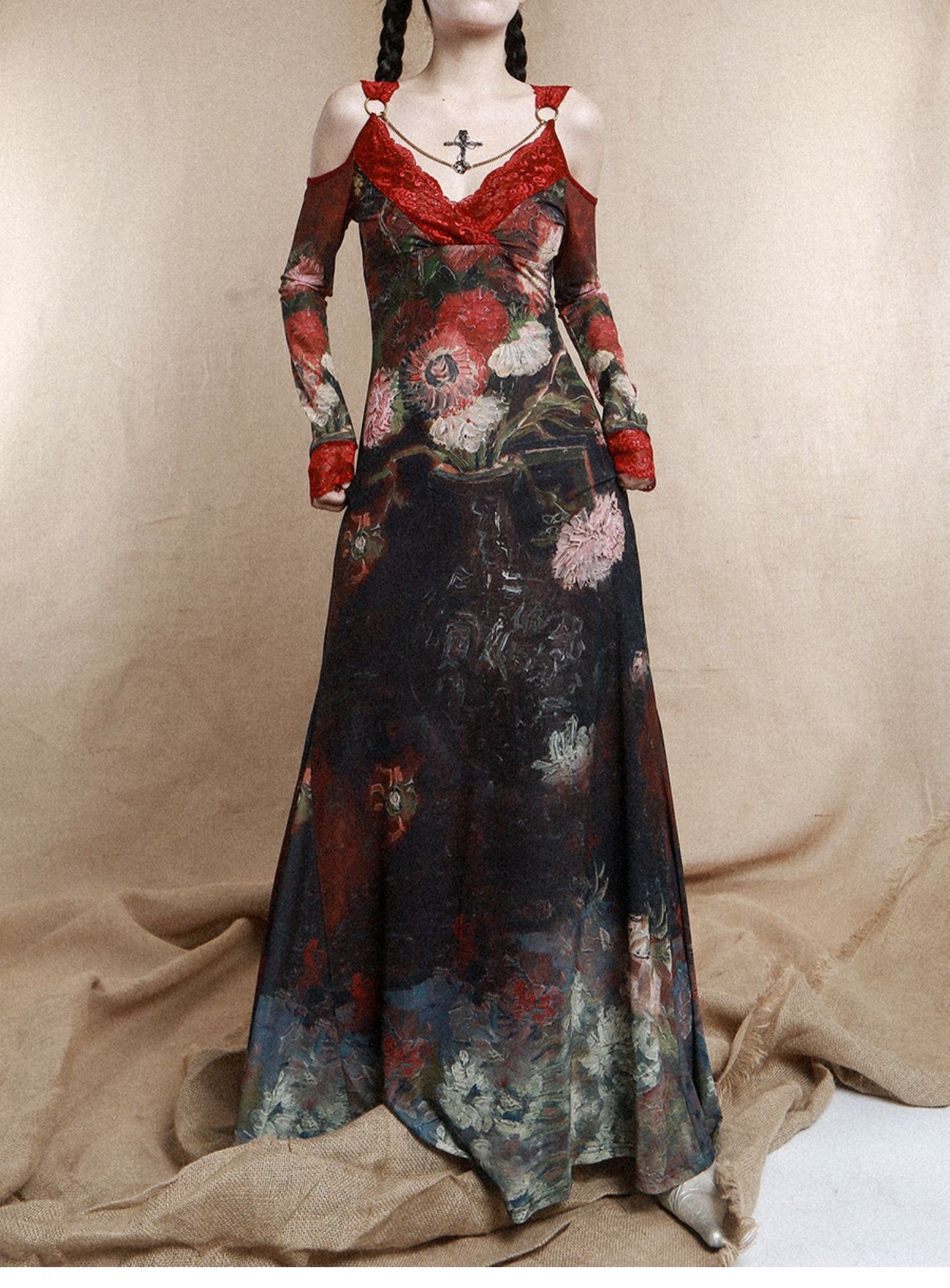 Victorian Floral Oil-Painting Red Lace Maxi Dress