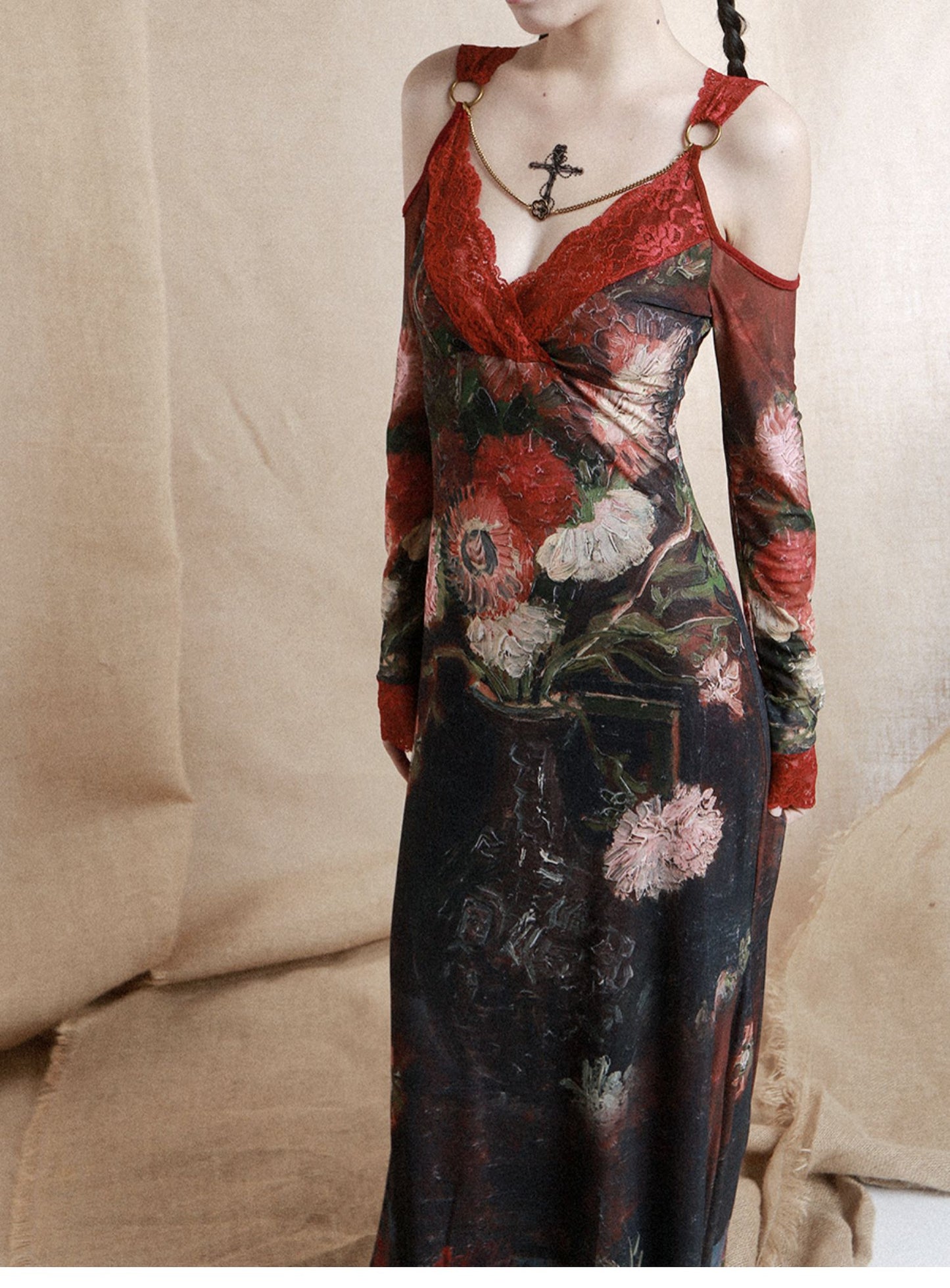 Victorian Floral Oil-Painting Red Lace Maxi Dress