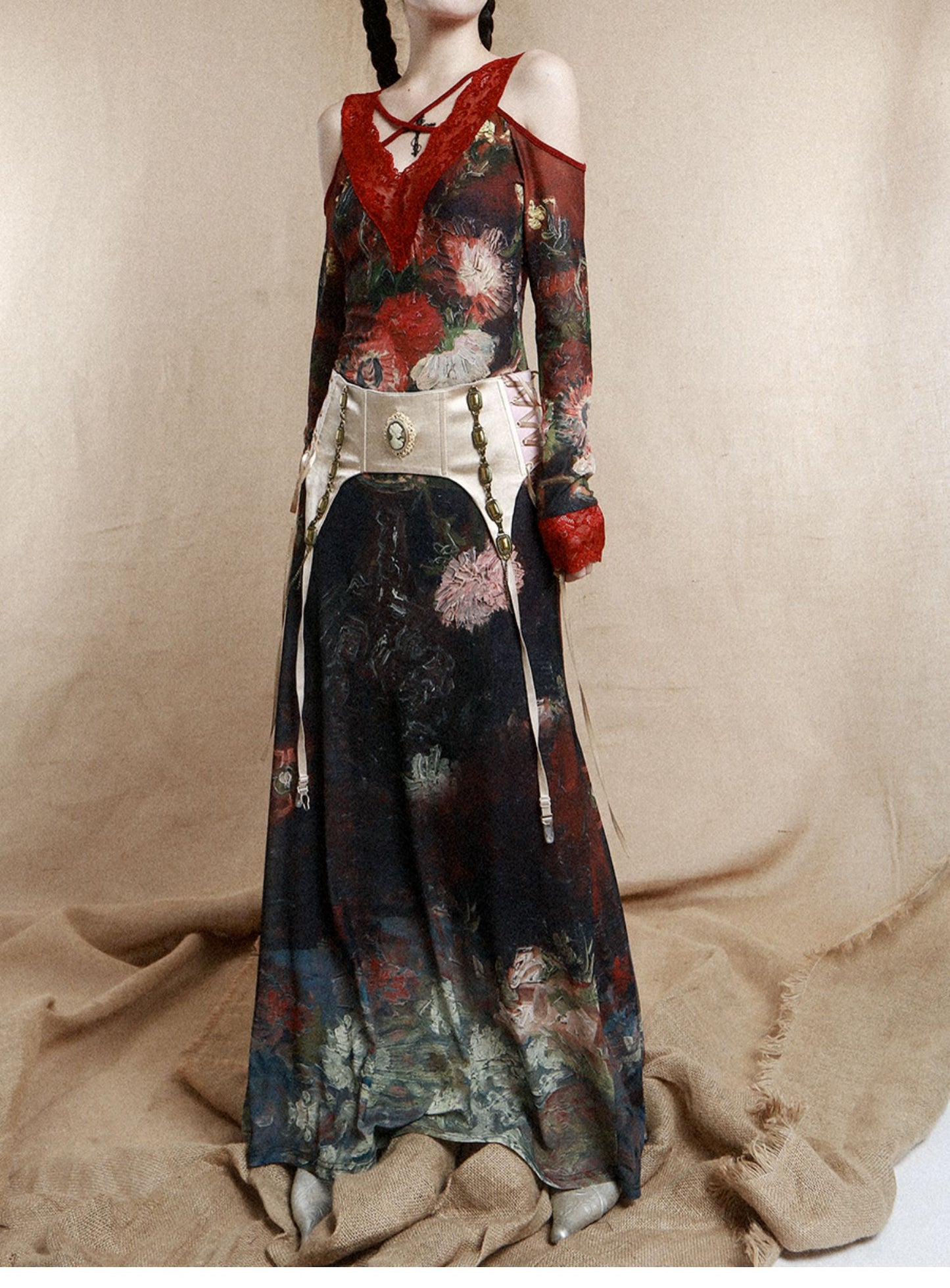 Victorian Floral Oil-Painting Red Lace Maxi Dress