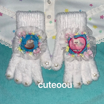 White Fuzzy Cat Cake Knit Gloves