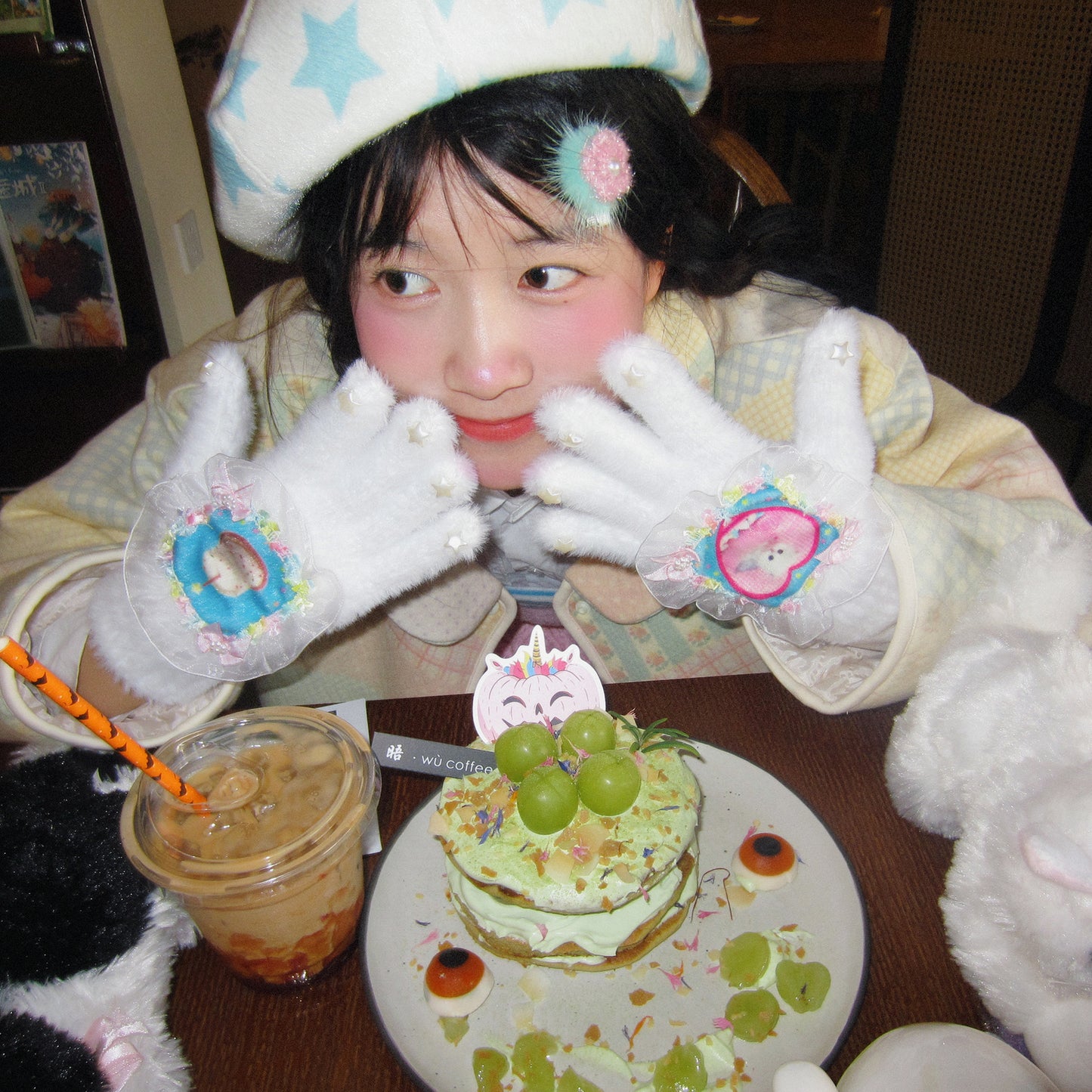 White Fuzzy Cat Cake Knit Gloves