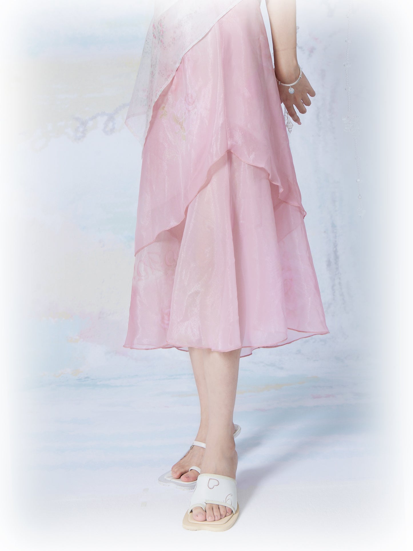 Rosy Asymmetric Glitter Chiffon Skirt