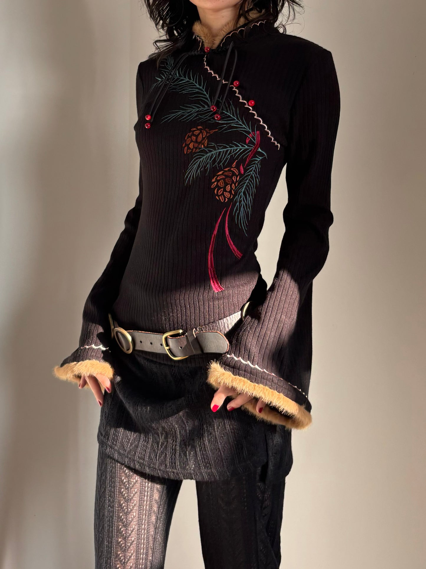 Pine Leaf Flared Cheongsam Sweater