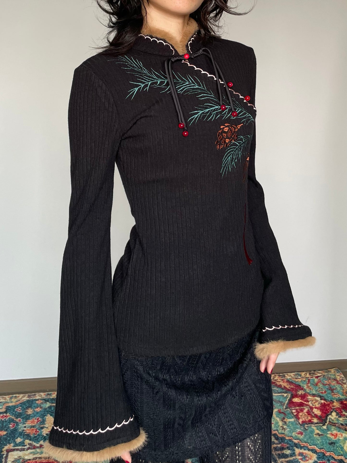 Pine Leaf Flared Cheongsam Sweater
