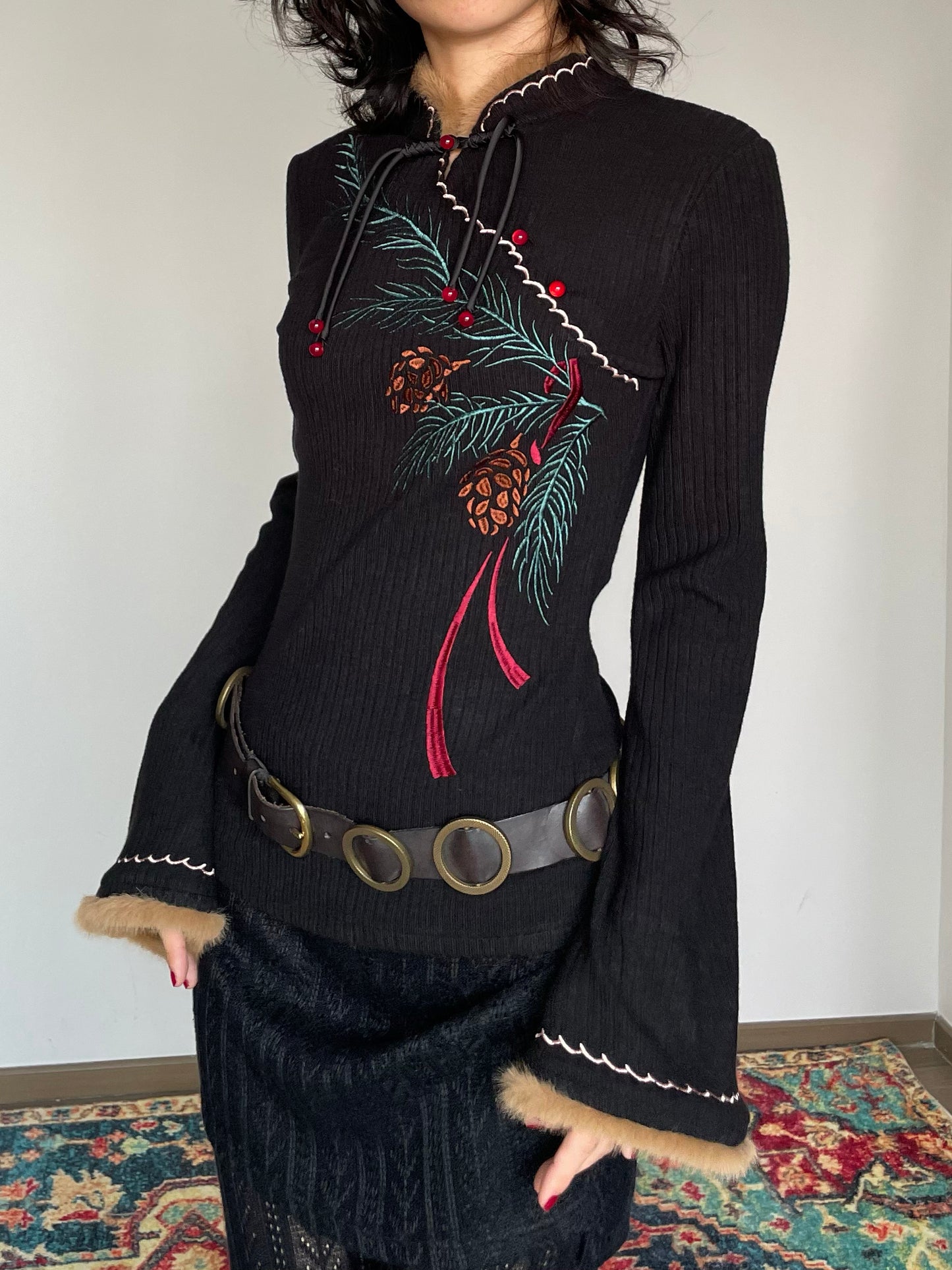 Pine Leaf Flared Cheongsam Sweater