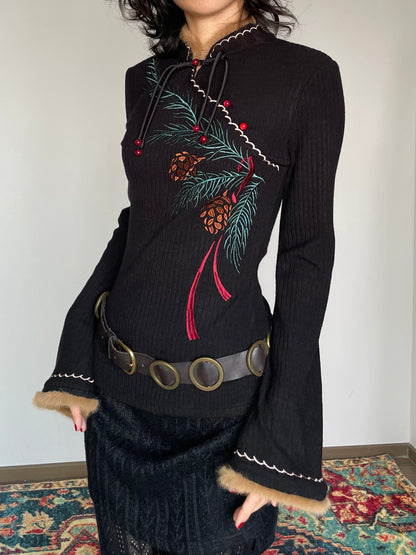 Pine Leaf Flared Cheongsam Sweater