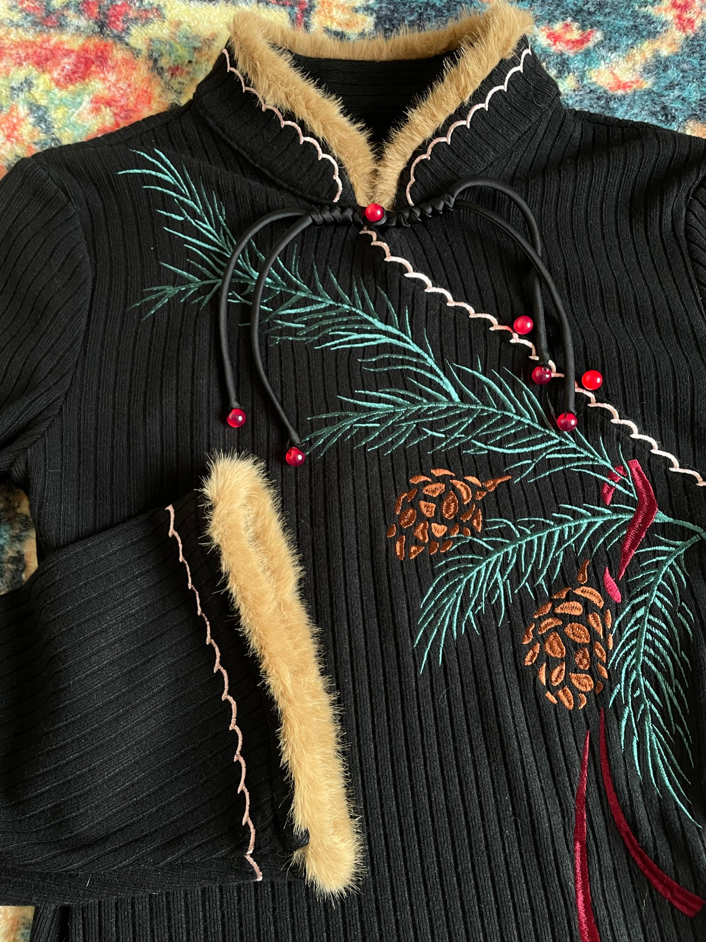 Pine Leaf Flared Cheongsam Sweater