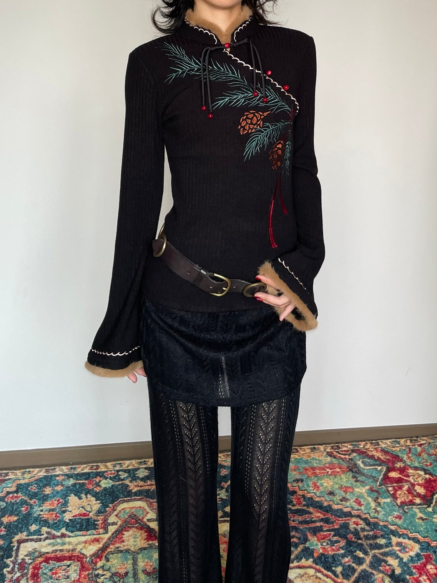 Pine Leaf Flared Cheongsam Sweater