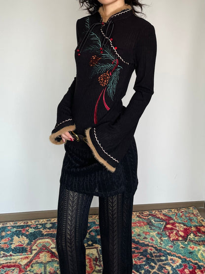 Pine Leaf Flared Cheongsam Sweater