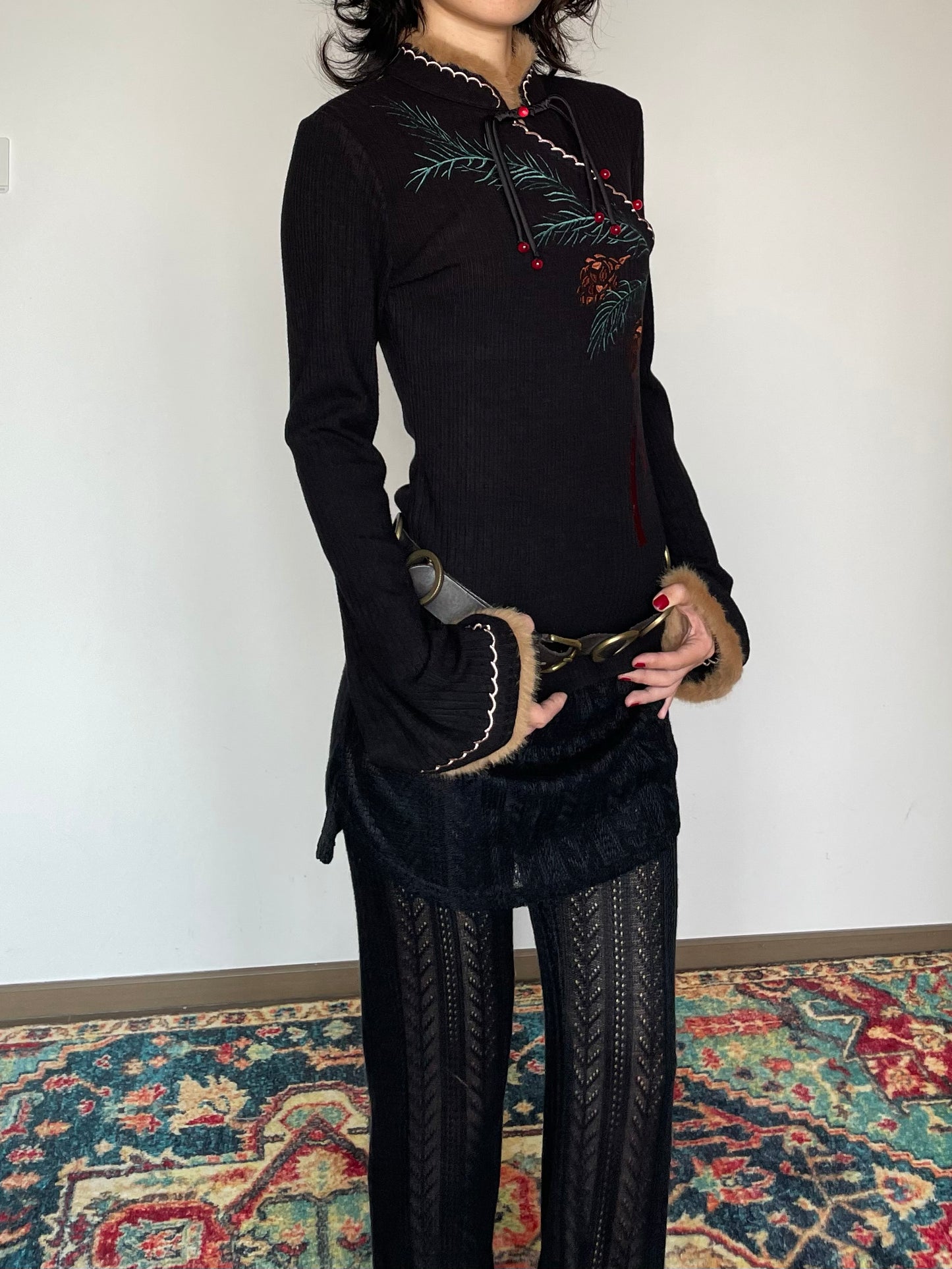 Pine Leaf Flared Cheongsam Sweater