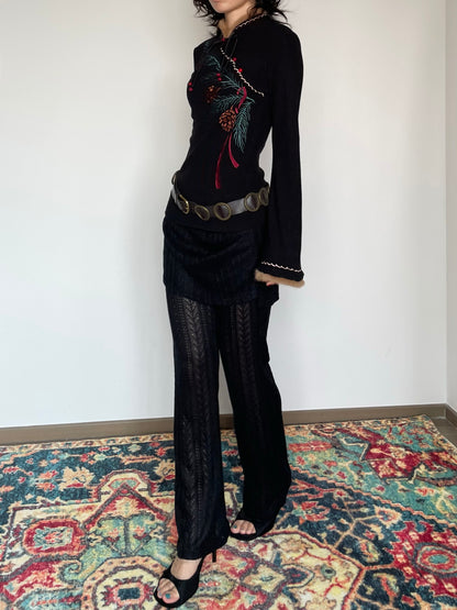 Pine Leaf Flared Cheongsam Sweater