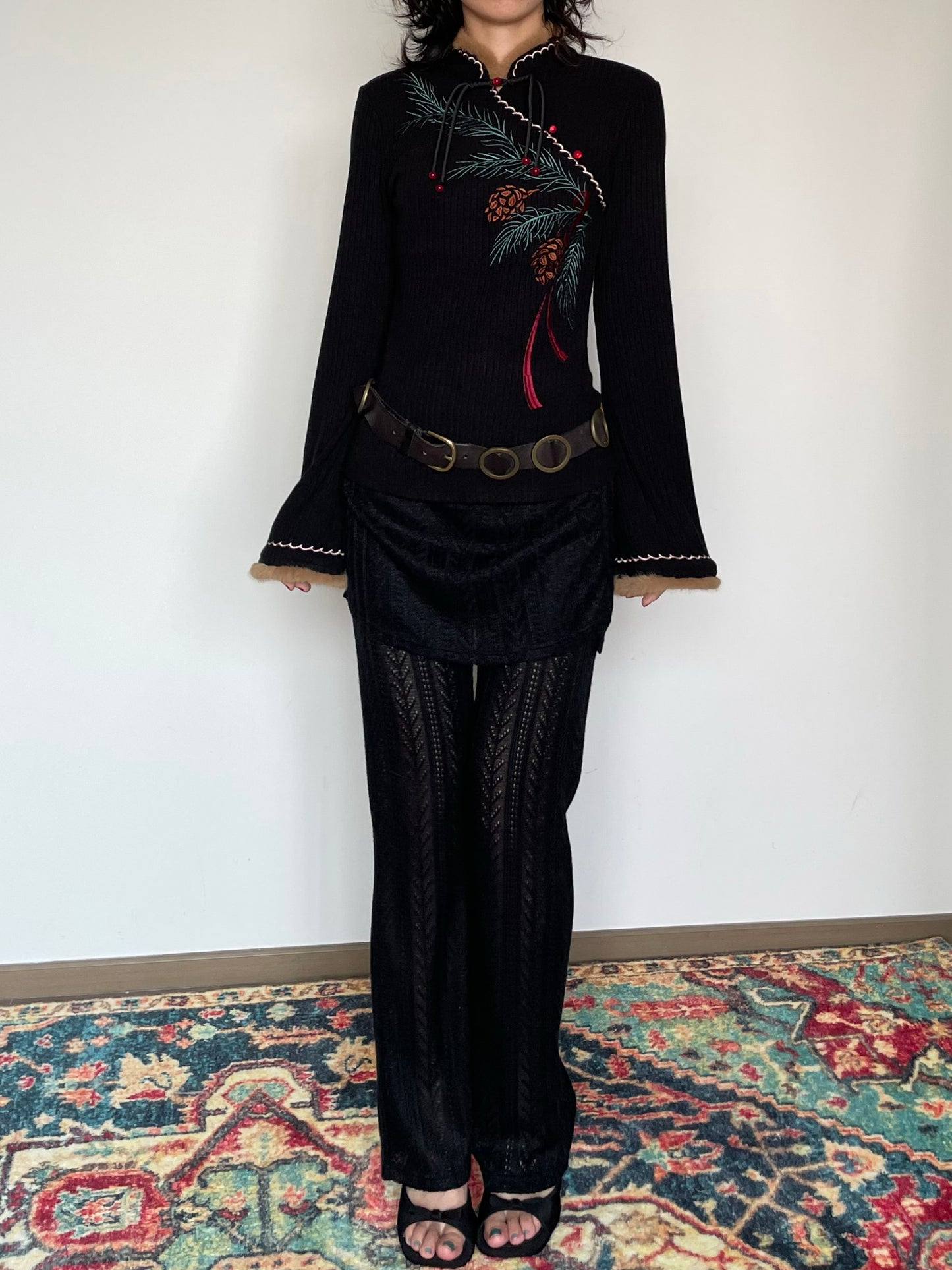 Pine Leaf Flared Cheongsam Sweater