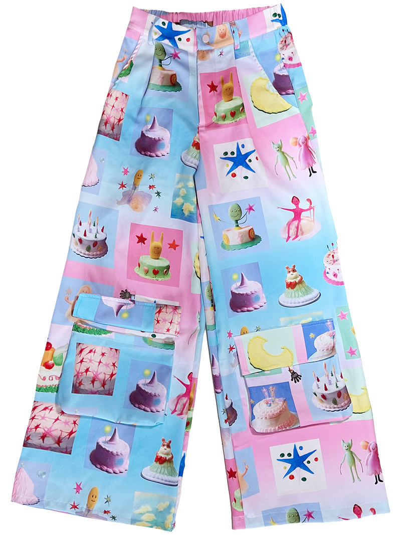 harajuku-style-pink-and-blue-cake-print-cargo-pants