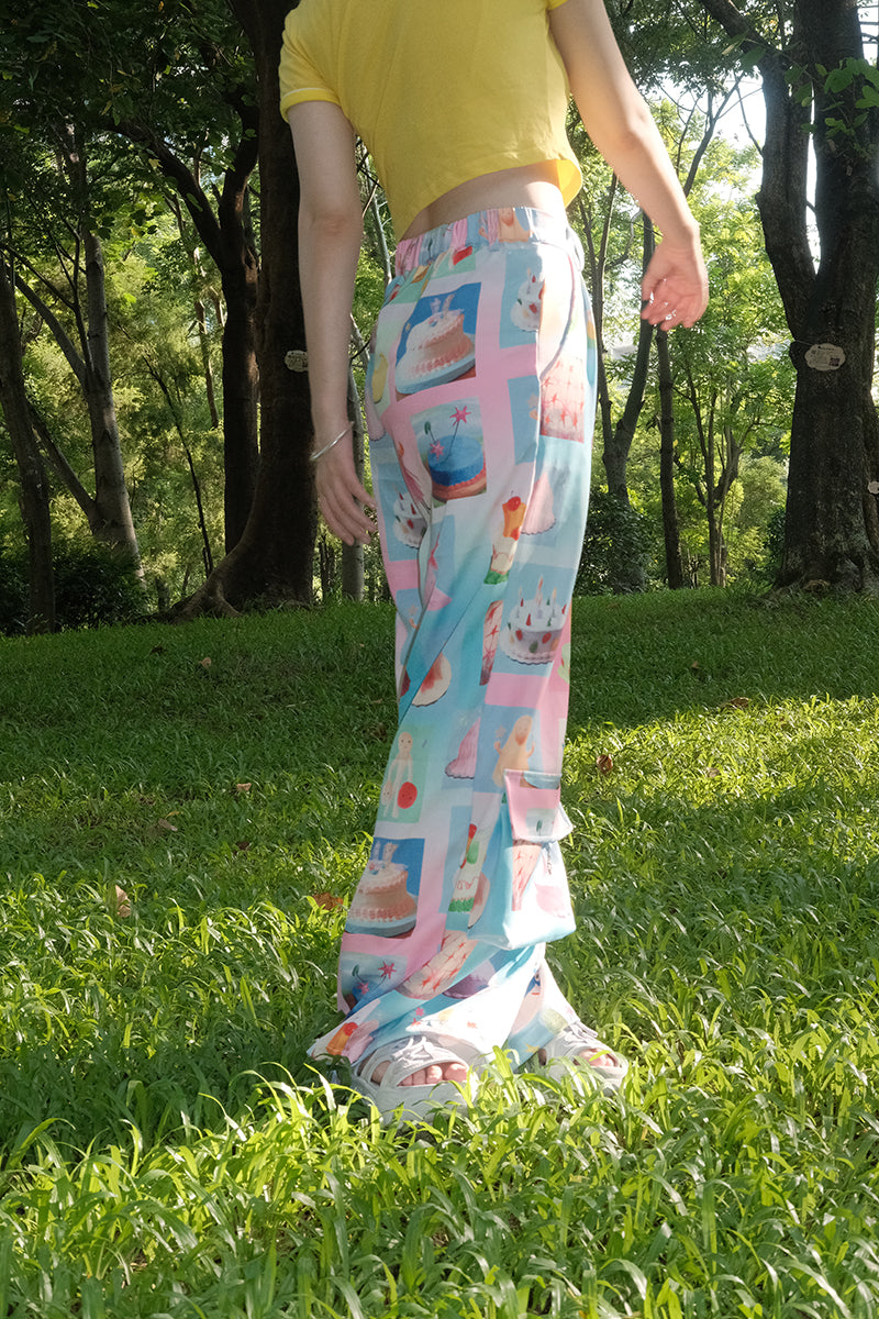 Harajuku Pink and Blue Cake Print Cargo Pants