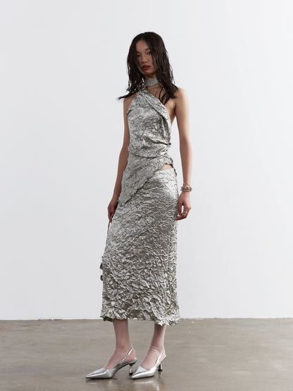 Metallic Fold Top and Skirt Set