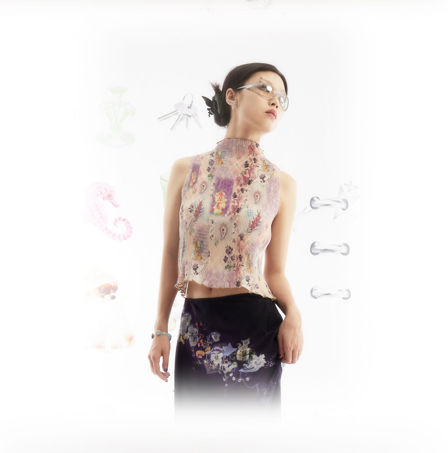 Wisteria Fairy Floral Print Pleated Top