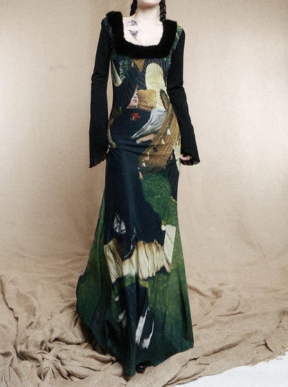 Romanticism Oil Painting Fishtail Maxi Dress