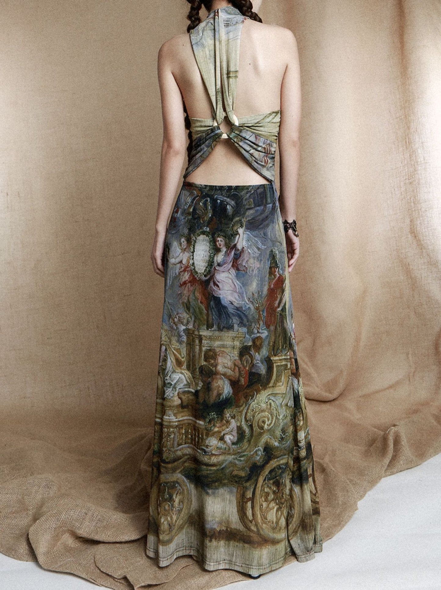 Romanticism Oil Painting Halter Maxi Dress