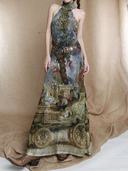 Romanticism Oil Painting Halter Maxi Dress