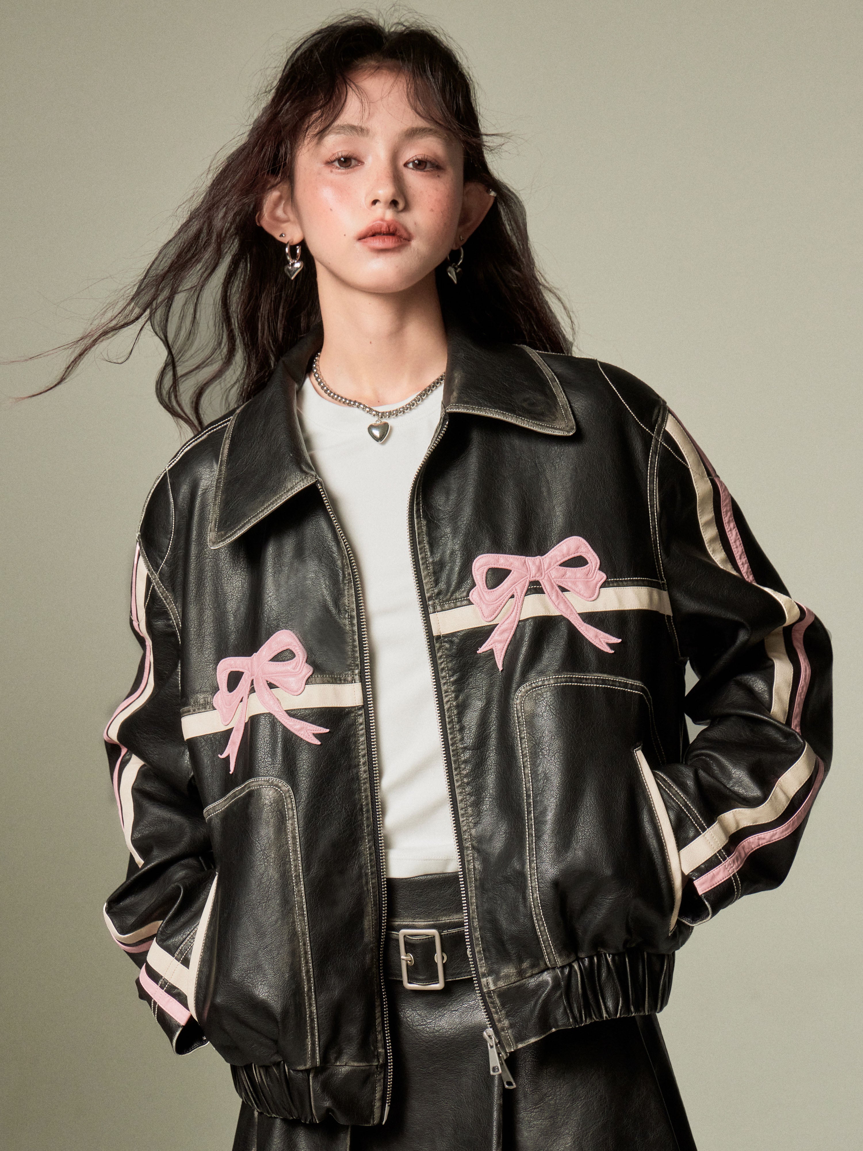 Pink Bow Tie Oversized Vegan Leather Jacket | Diddi Moda – Glitch 