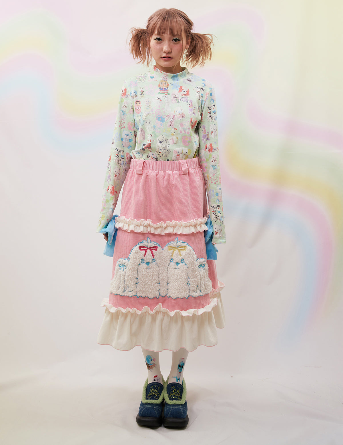 rufru-puppy-printed-corduroy-bow-skirt-glitch-cupids