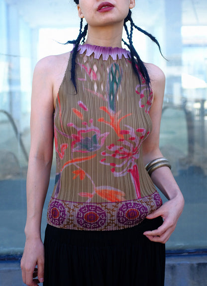 Floral Cutout Pleated Tank Top