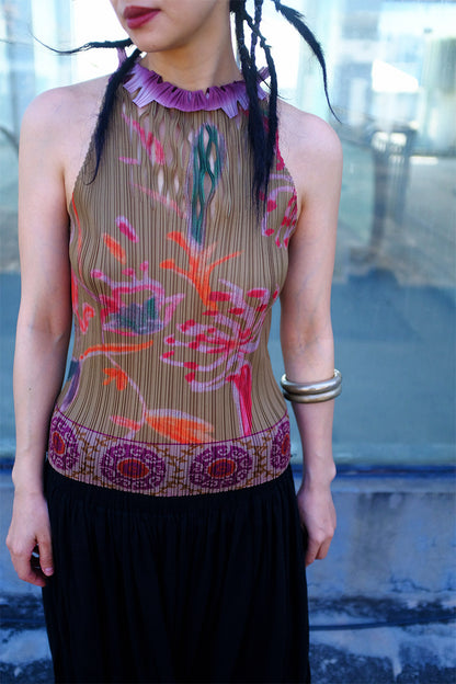 Floral Cutout Pleated Tank Top