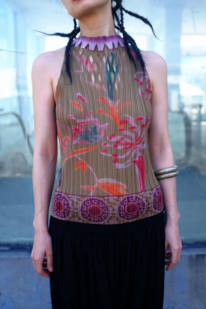 Floral Cutout Pleated Tank Top