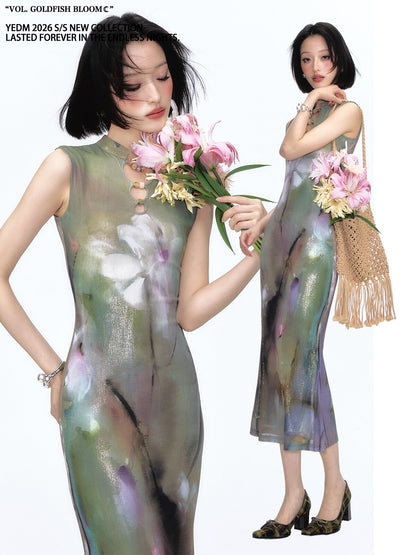 Shimmer Abstract Lily Fishtail Cheongsam Dress
