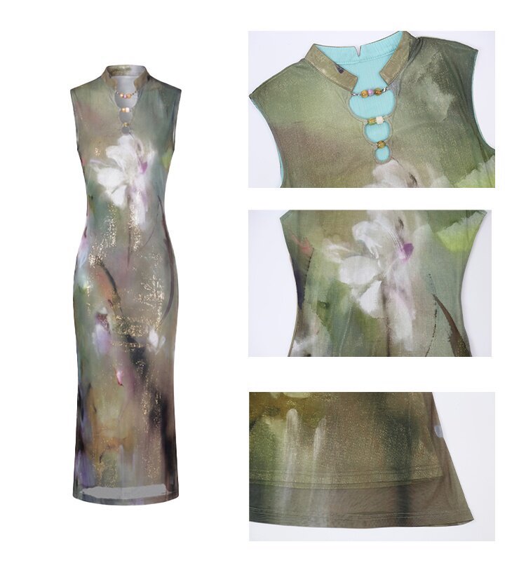 Shimmer Abstract Lily Fishtail Cheongsam Dress