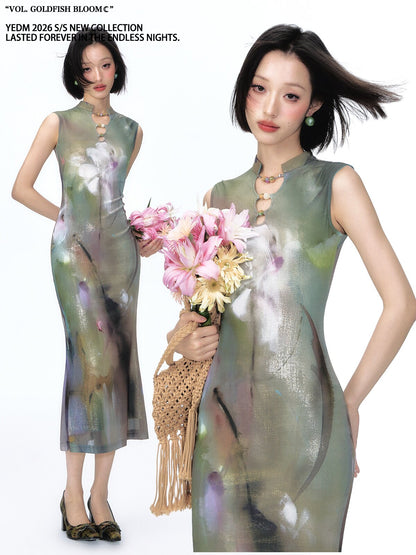 Shimmer Abstract Lily Fishtail Cheongsam Dress