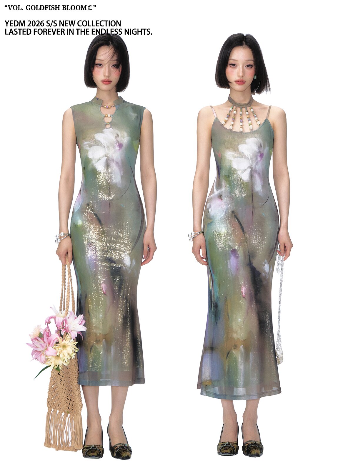 Shimmer Abstract Lily Fishtail Cheongsam Dress