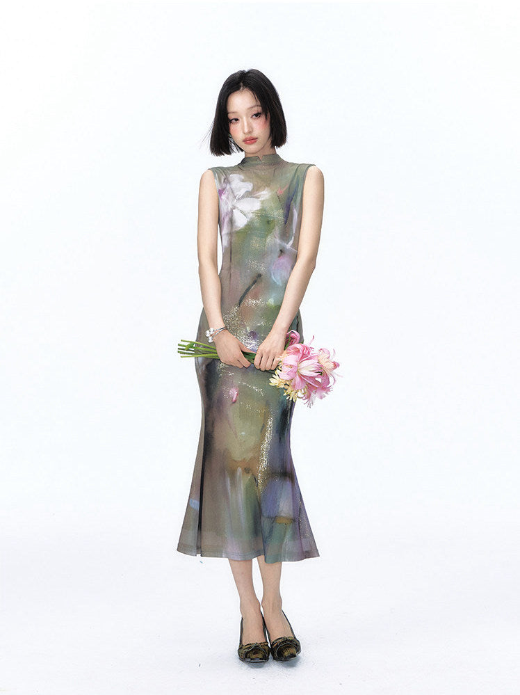 Shimmer Abstract Lily Fishtail Cheongsam Dress