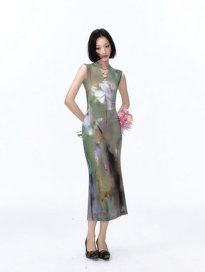 Shimmer Abstract Lily Fishtail Cheongsam Dress